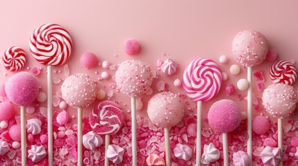 A delightful pink candy land backdrop with pastel-coloured lollipops and candy canes arranged along the bottom edge, kids party card. 