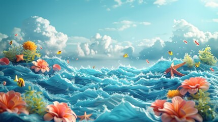 A charming ocean theme with pastel blue waves and tiny, friendly sea creatures, set against a soft turquoise background-fairy tale illustration. 