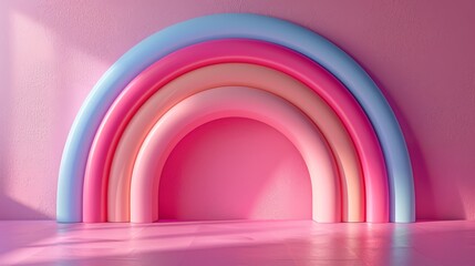 Fototapeta premium A playful background featuring a pastel rainbow arching over a light pink canvas. 