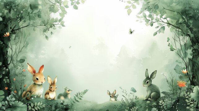 A pastel forest theme with soft green trees and little woodland animals peeking out, set against a light green background. 