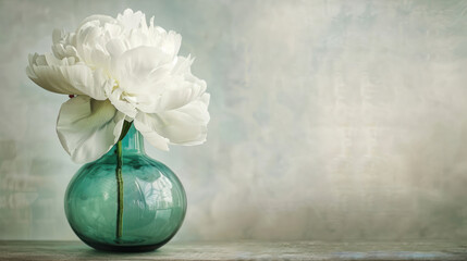 A solitary white peony in a sleek green glass vase, set against a soft background, creating a sophisticated and tranquil ambiance.