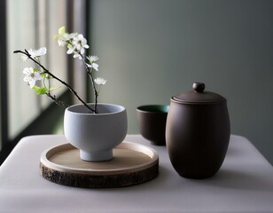 Japanese minimalism, focusing on the simplicity and functionality of the furniture and decor. selective focus