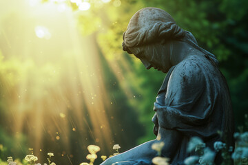 Mourning woman statue with sun beams, funeral services, grief, sorrow and condolences card, death notice