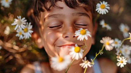Naklejka premium A young boy with a bright smile and eyes closed, clasping chamomile flowers close to his face, radiating happiness and the simple pleasures of childhood.