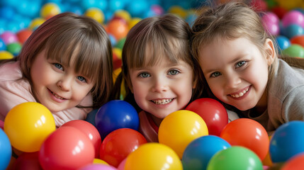 Obraz premium A group of happy smiling boys and girls in a pile of colorful balls.
