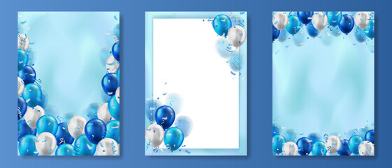 Set of vertical banners with 3d realistic blue and white glossy balloons and confetti ribbons decoration with blank space for greeting text. Posters design for birthday, celebration party, invitation © Qeeraw