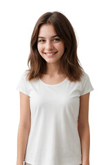 Fototapeta premium Portrait of a European woman wearing white t-shirt, smiling and looking at the camera, isolated, transparent background, no background. PNG.