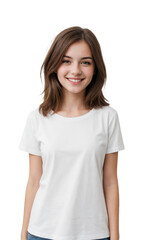 Fototapeta premium Portrait of a European woman wearing white t-shirt, smiling and looking at the camera, isolated, transparent background, no background. PNG.