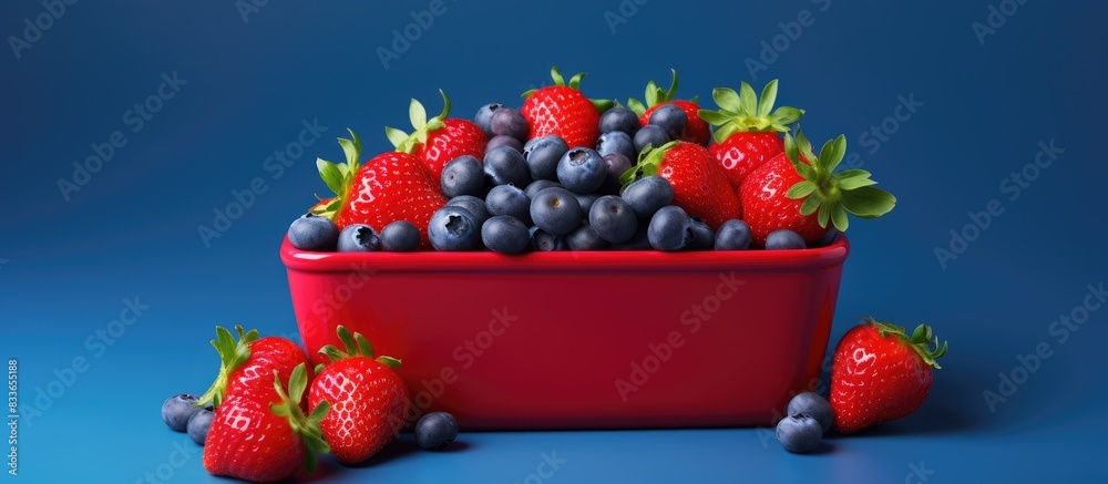 Poster blueberries and strawberries placed in a container can be used for promotional media. creative banne