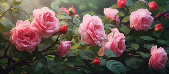 Tea roses on bush. Creative banner. Copyspace image