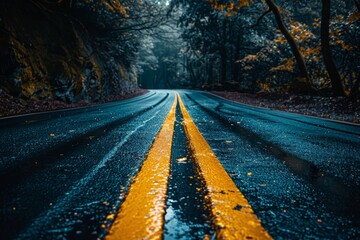 A captivating view of a rain-soaked road with vibrant yellow lines, surrounded by a misty forest