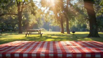 Red and white checkered tablecloth on an outdoor picnic in the park with sunlight filtering through trees. the empty center of the table with space for product display.