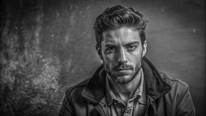 Black and white close-up portrait of a serious looking man