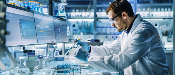 Scientist in Lab Coat Analyzing Data on Computer Screen