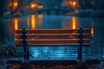 An evocative night scene with an empty park bench overlooking a water body reflecting warm lights, in a serene environment - Powered by Adobe