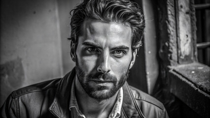 Fototapeta premium Close-up studio portrait of a serious mature man with a beard and black hair