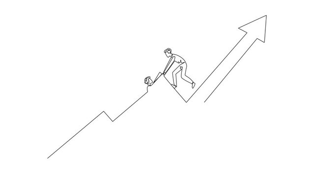 Animation of continuous line drawing businessman helps colleague to climb the rising arrow symbol. Help each other to achieve satisfactory targets. Grow together. Full length motion