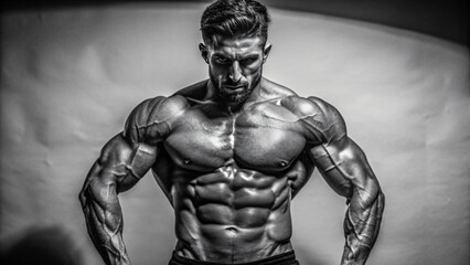 Obraz premium A shirtless muscular male model with a well-defined chest and abs poses in a studio setting
