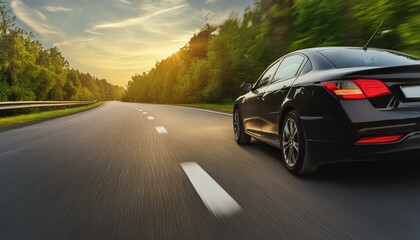 A black car is driving down the street at high speed.