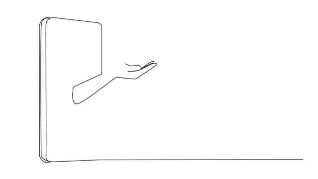 Animated self drawing of continuous line drawing hand comes out from middle of smartphone holds molars. Online dentist application. Consultation from smartphone. Full length single line animation