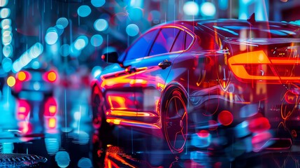 AIpowered car in downtown area, close up, focus on, vibrant and dynamic colors, Double exposure silhouette with city architecture