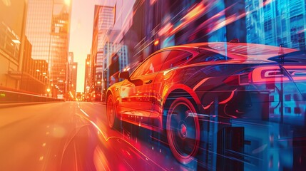 AIpowered car in downtown area, close up, focus on, vibrant and dynamic colors, Double exposure silhouette with city architecture