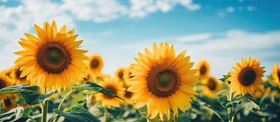 Fototapeta premium Sunflowers growing on the field on a cloudy summer day. Creative banner. Copyspace image