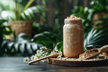 fitness and health image a table with protein powder bottle and scoop, promoting a healthy lifestyle and fitness perfect for a banner