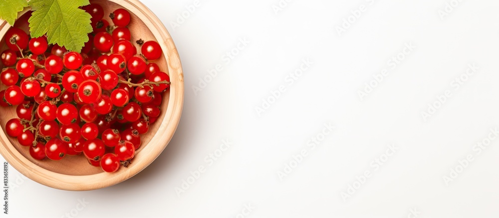 Poster red currants in wooden bowl on white background top view. creative banner. copyspace image
