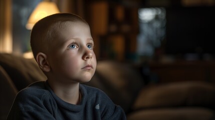 A young boy sits on a couch, gazing upwards