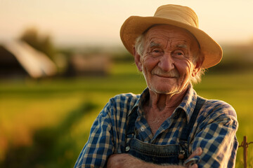 Fototapeta premium Portrait of a senior well-dressed agronomist with basket full of freshly picked up vegetables on the garden outdoors. Concept of growing organic products and active retirement