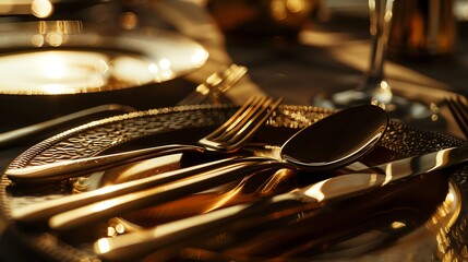 Obraz premium Close-up of antique silverware with intricate designs, bathed in warm light. A sense of history and elegance.