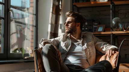 Fototapeta premium confident serious focused caucasian white man man sitting in chair at office looking away through window dreaming of succes, concept: leadership, business, 16:9