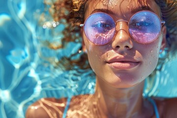 Naklejka premium Close-up of a young woman with water droplets on her pink sunglasses while submerged in a pool