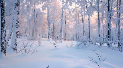 The image shows a beautiful winter forest with snow-covered trees and a bright sky.
