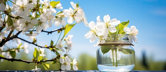 empty green sticker in full glass jar against blue sky and apple tree in bloom spring time season white flowers of apple tree in glasses bank springtime background. Creative banner. Copyspace image - Powered by Adobe