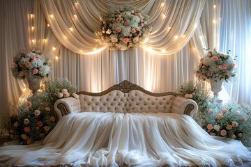 Luxurious bridal lounge area with cream settee and lush floral decorations against ivory drapery