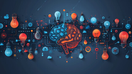 Obraz premium Brain Made of Light Bulbs with Colorful Symbols