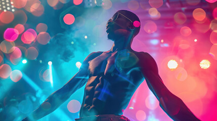 Bathed in colorful lights of the club, a talented male performer dances with precision and passion, his every movement exuding charisma and flair, creating an atmosphere 