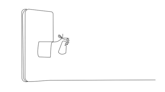 Self drawing animation of continuous line drawing hand comes out from the middle of the smartphone holding a roll of graduation paper. Study while working online. One line design vector illustration