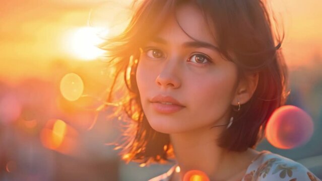 An Asian lady with a pixie cut poses on a rooftop overlooking a colorful cityscape. Authentic beauty in an urban chic setting, moody ambience, and soft backlight.