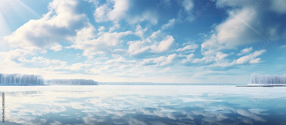Aufkleber spring ice drift on the river and cloudy sky. creative banner. copyspace image