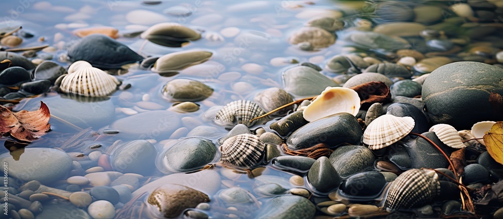 Aufkleber background textures shells and pebbles beside a creek. creative banner. copyspace image