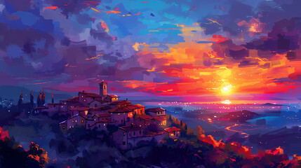 Fototapeta premium Digital painting of a sunset over the hillside village in the countryside