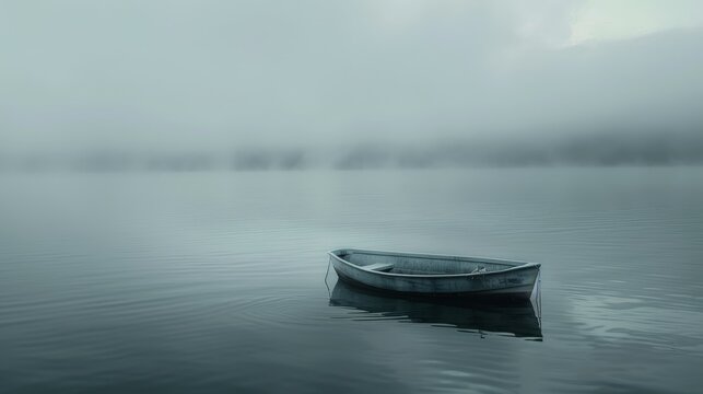 A lone boat sits on a still lake on a foggy day
