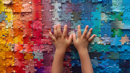 A child's hands placed on a multi-colored puzzle wall, symbolizing Autism Awareness and Pride with a vibrant rainbow background