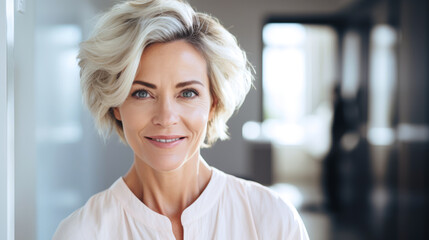 Mature woman sitting in a chic clinic's waiting room.