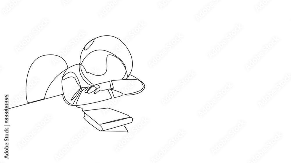 Poster self drawing animation of single continuous line drawing astronaut asleep at table where there were 