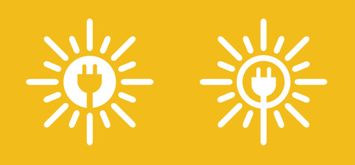 electrical plug and sun logo. Milieu, solar panels, plug and play. Environmentally friendly, sun energy. Solar panel that generate electricity. Solar, battery panel concept. Home or house concept.