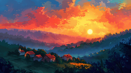 Digital painting of a sunset over the hillside village in the countryside